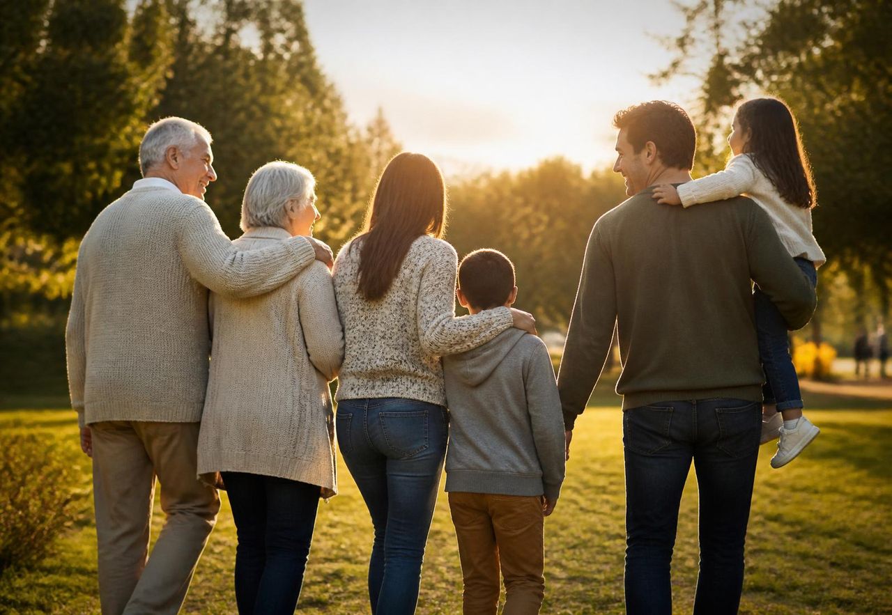 A multigenerational family walking together outdoors in warm evening light
